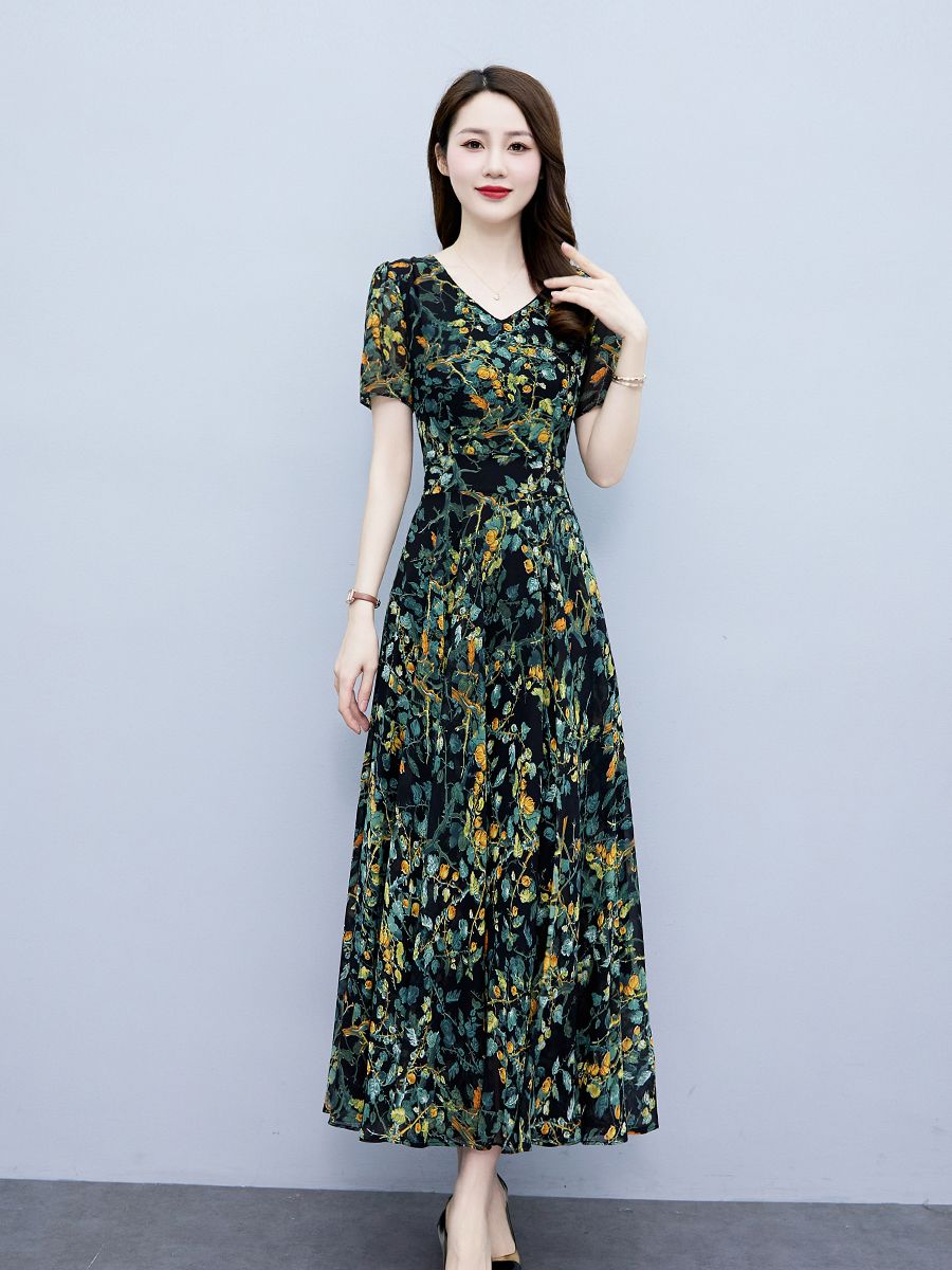 連衣裙女夏2023新款高檔時尚雪紡印花修身顯瘦遮肚子氣質碎花長裙