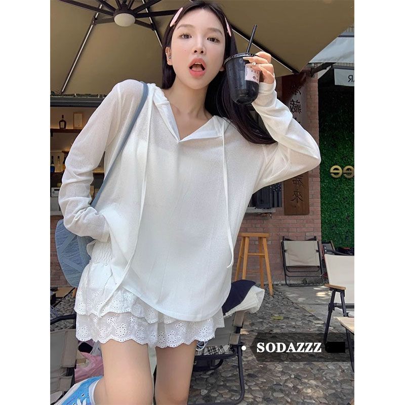SODAZZZ Thin Sunscreen Shirt Women's Summer Loose Slim Hooded Long-sleeved T-Shirt Lazy Wind Casual Top Trendy