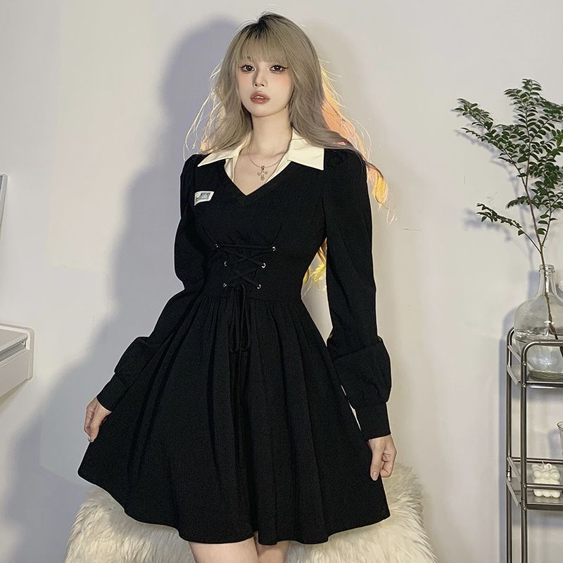 Spring and autumn thin polo collar shirt long-sleeved dress gentle style niche large size fat girl skirt