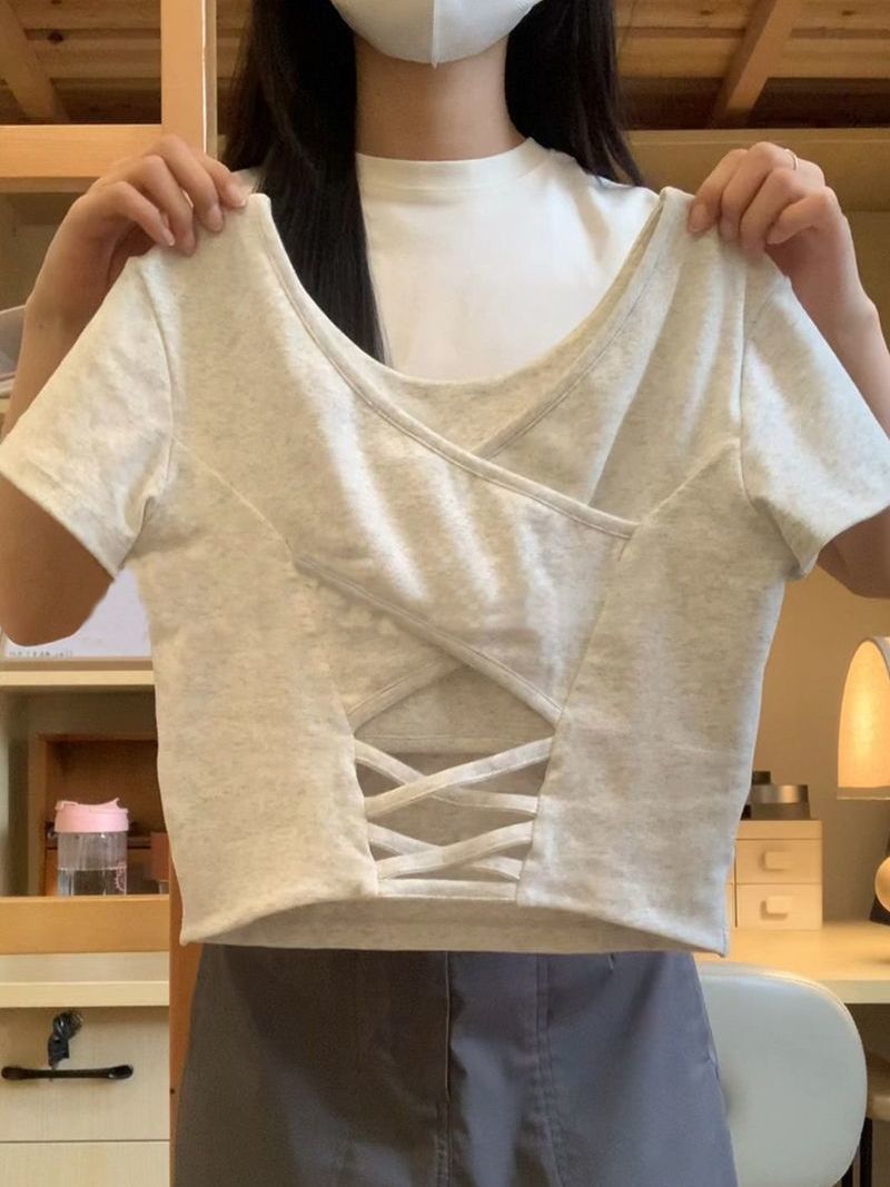 Pure cotton gray short-sleeved t-shirt women's summer short slim strapless chest pad design sense of all-match bottoming top