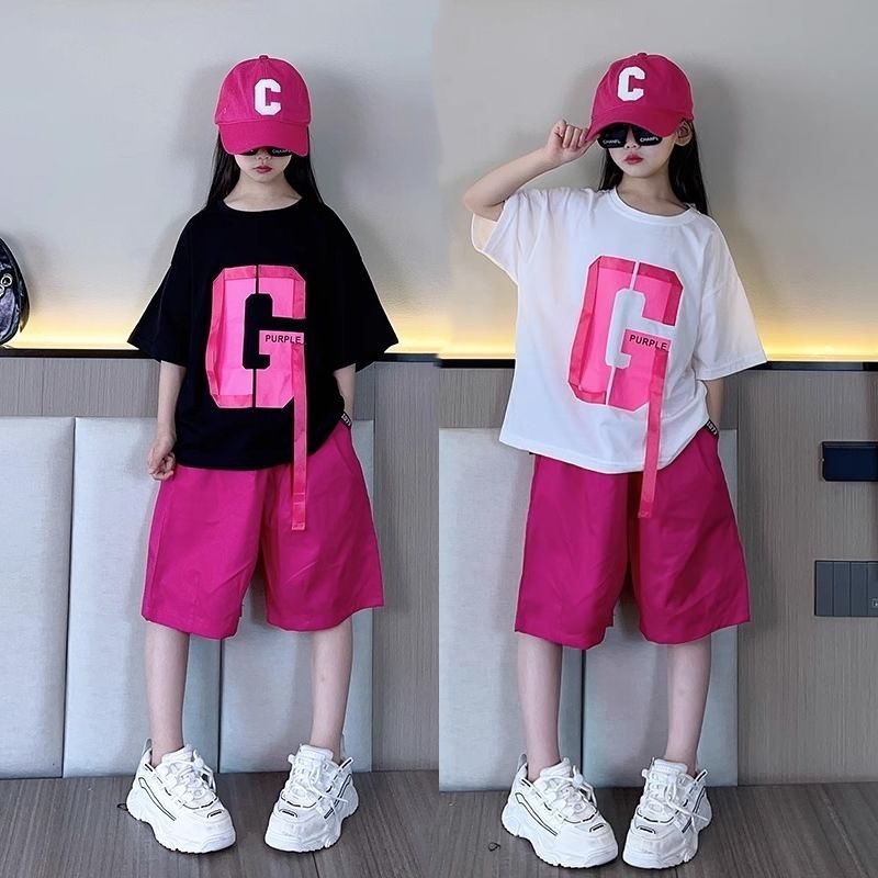Girls' suits, summer wear, children's fashionable short-sleeved T-shirts, medium and large children's fashionable internet celebrity dopamine shorts two-piece set