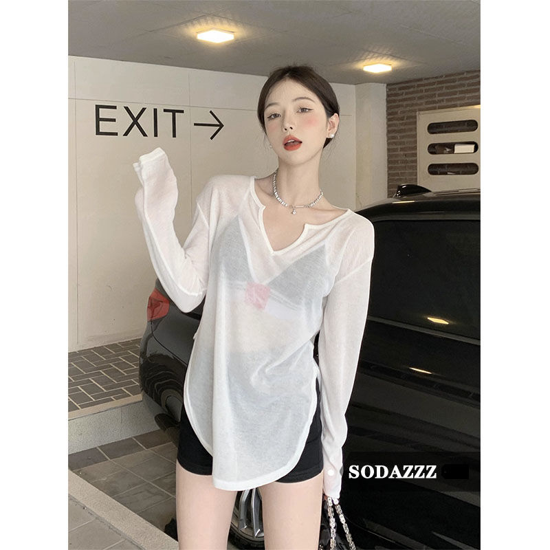 SODAZZZ long-sleeved sunscreen t-shirt women's summer Korean version lazy style v-neck all-match see-through top with ins