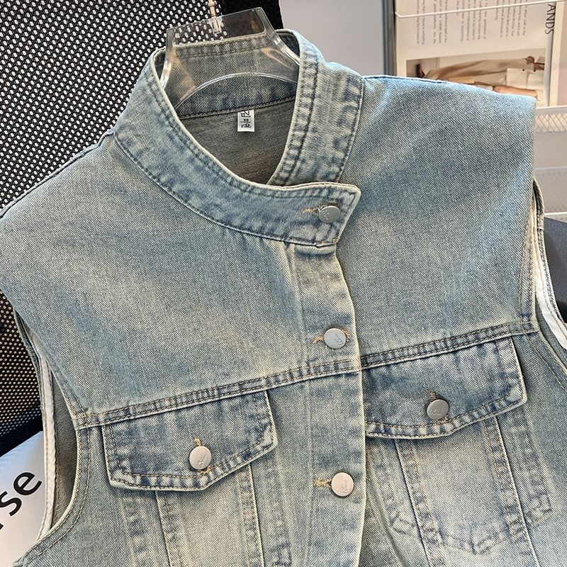 Denim vest women's summer new retro Hong Kong style loose and thin stand collar small vest shoulder short all-match vest jacket