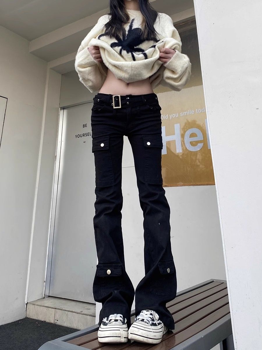 美式復古辣妹工裝牛仔褲女夏季高街設計感低腰修身顯瘦休閒喇叭褲