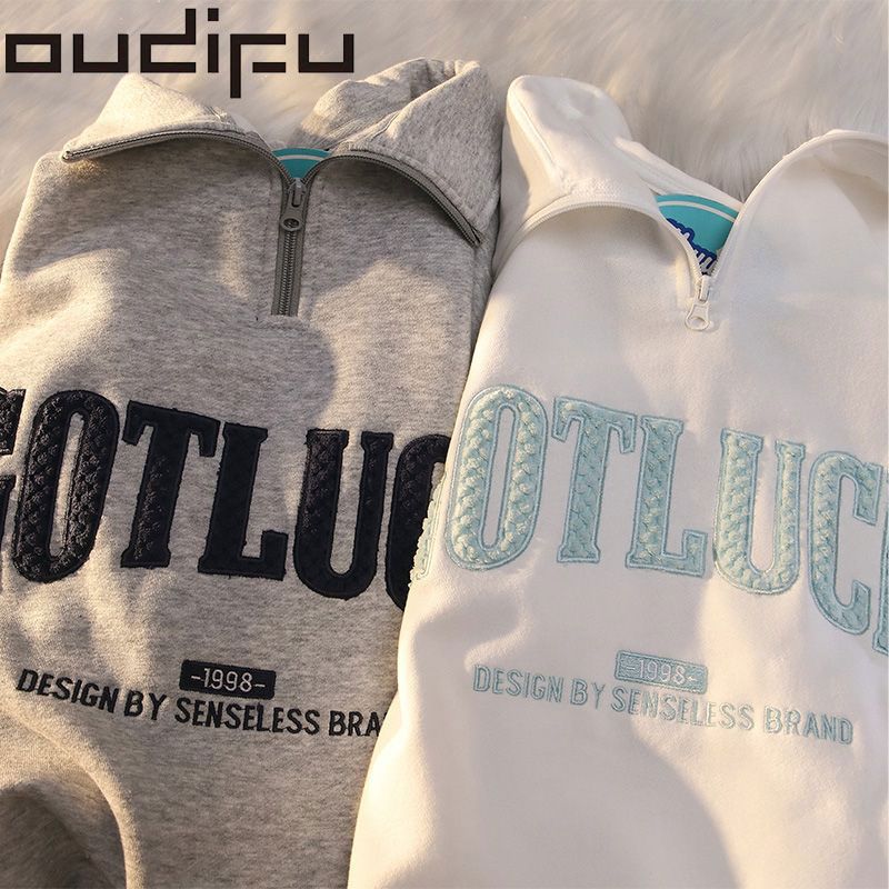 OUDIFU100%純棉衛衣女秋冬季加絨oversize外套寬鬆設計感小眾上衣
