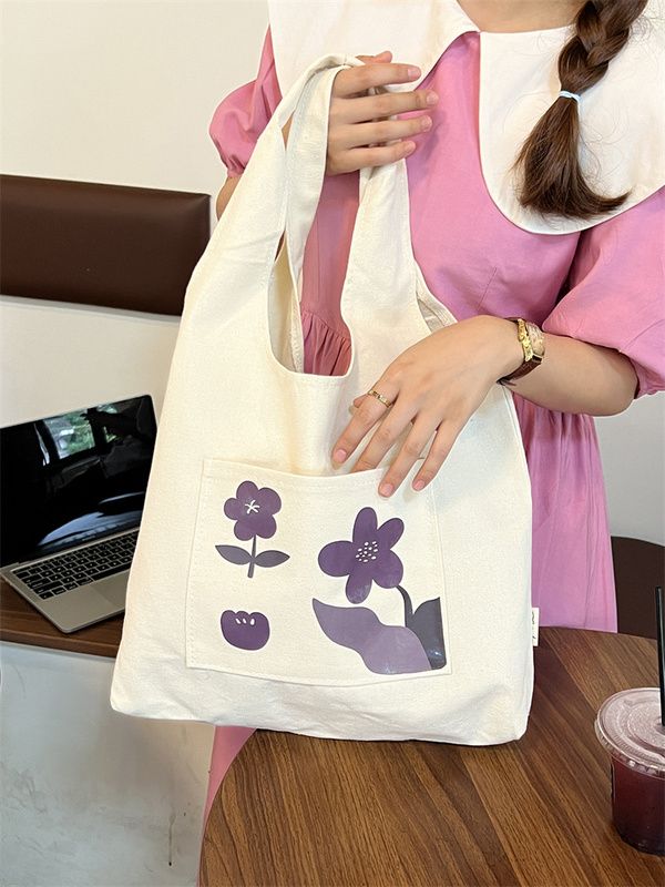 Japanese original illustration design Tote illustration canvas handbag simple and versatile literary large capacity shoulder bag for women
