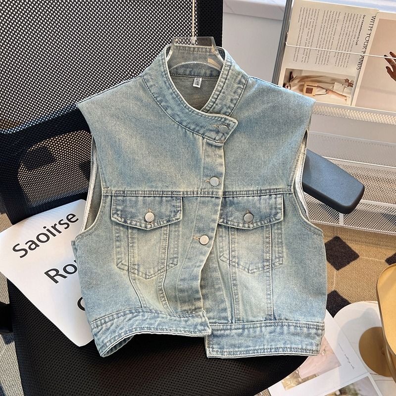 Denim vest women's summer new retro Hong Kong style loose and thin stand collar small vest shoulder short all-match vest jacket