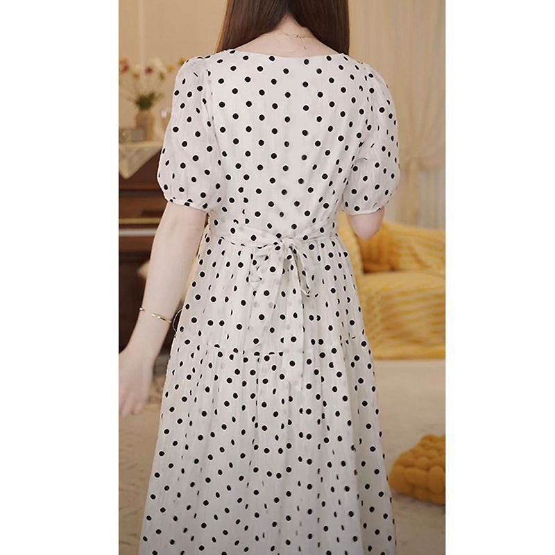 Good fit to cover the flesh, high-end light luxury French polka dot dress, large size, belly and crotch-covering slim skirt  Xia Xin