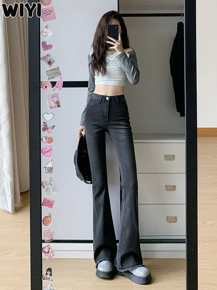 WIYI 黑灰色微喇牛仔褲女秋夏新款高腰修身顯瘦小個子馬蹄喇叭褲