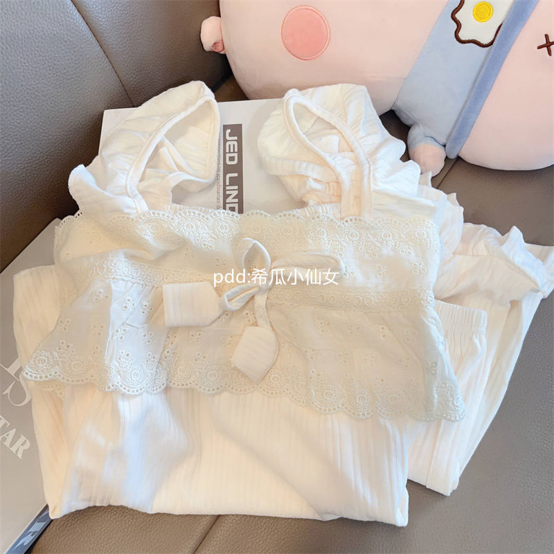 純欲公主風睡衣女夏季新款蝴蝶結吊帶短褲甜美花邊夏天家居服套裝
