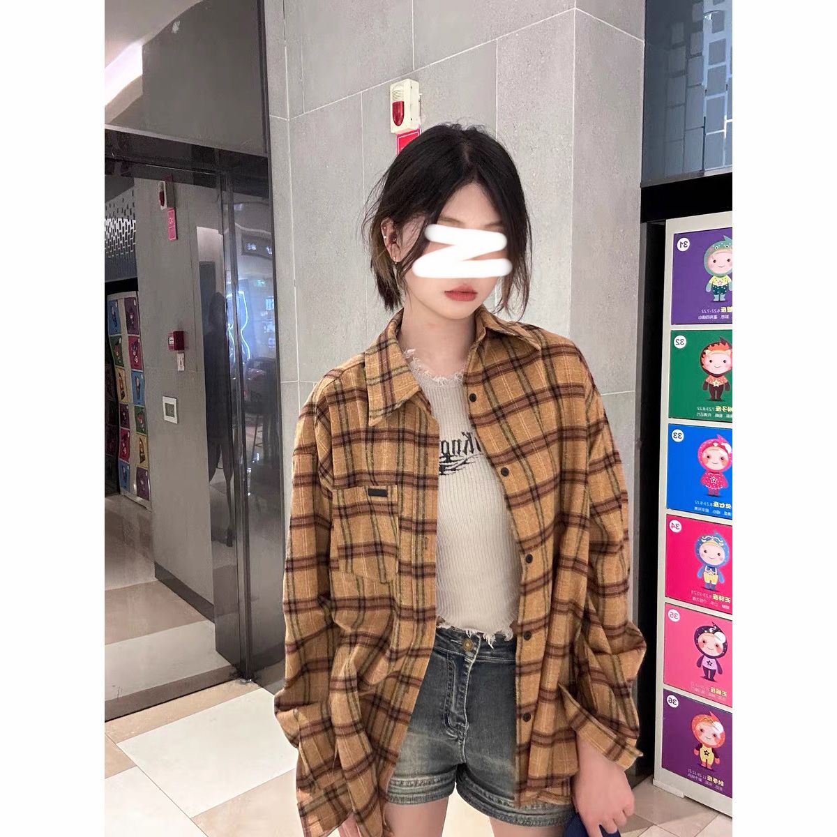 格子防曬長袖襯衫女2023夏季新款美式復古寬鬆休閒Polo領襯衣外套