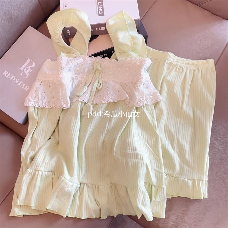 甜美公主風睡衣女夏季新款花邊蝴蝶結無袖吊帶短褲家居服套裝夏天