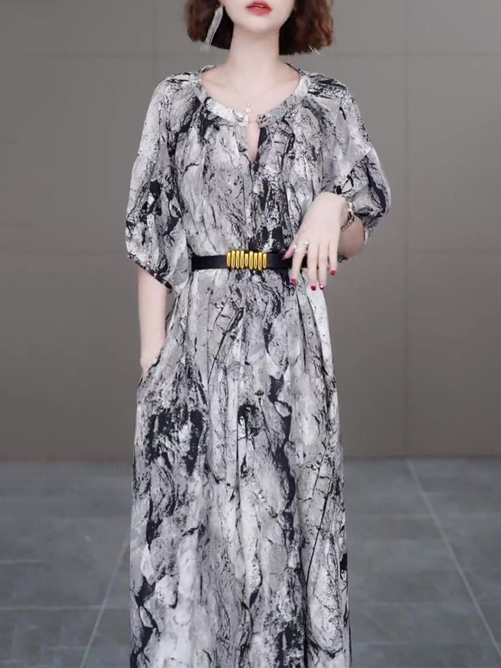 【送腰带】高级感时尚洋气连衣裙2023夏季新款大码宽松显瘦中长裙
