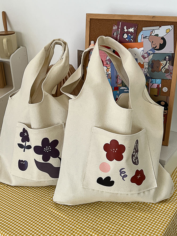 Japanese original illustration design Tote illustration canvas handbag simple and versatile literary large capacity shoulder bag for women