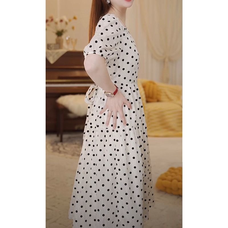 Good fit to cover the flesh, high-end light luxury French polka dot dress, large size, belly and crotch-covering slim skirt  Xia Xin
