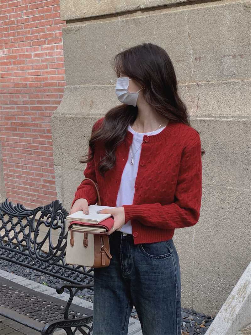 春秋新款顯瘦學院風麻花毛衣短款外套外搭針織衫開衫上衣小個子女