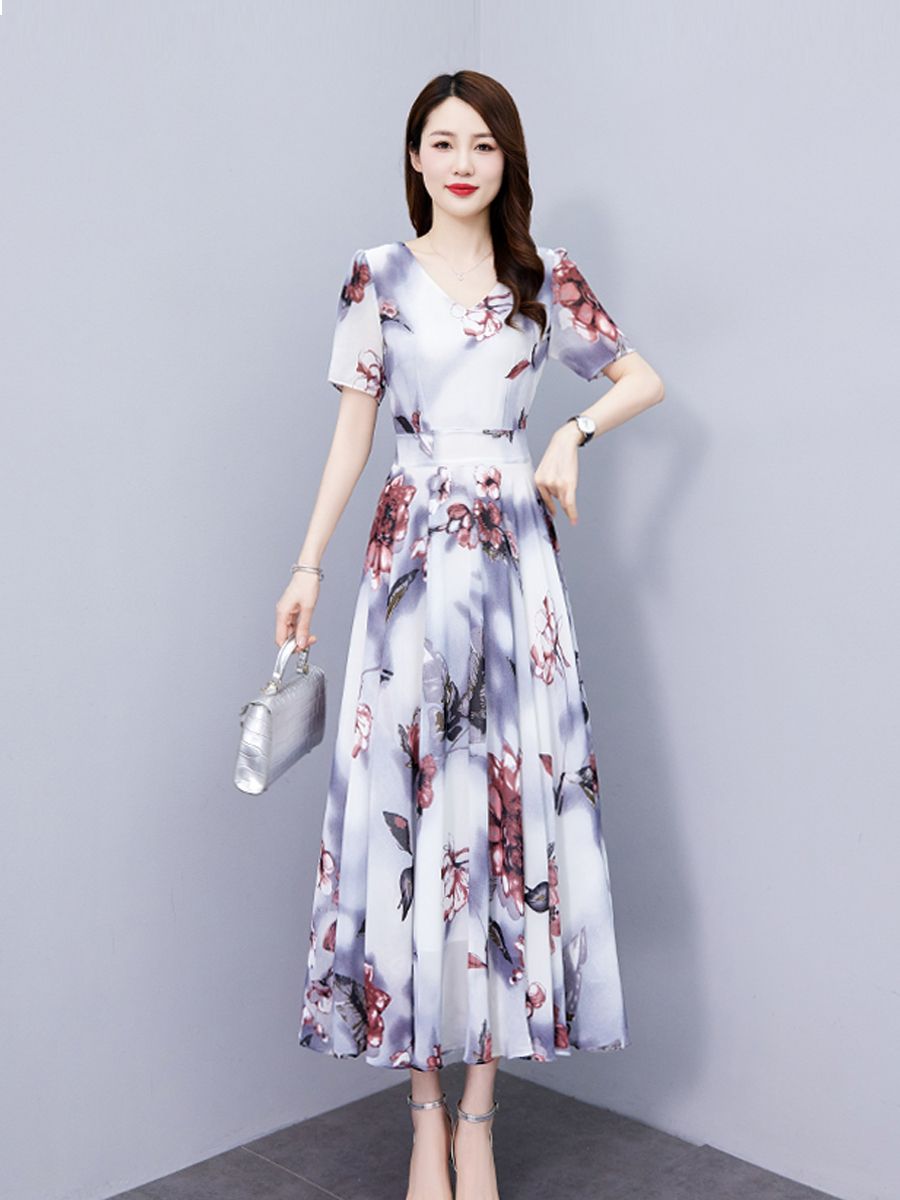 雪紡連衣裙女夏2023新款高檔時尚收腰顯瘦名媛氣質夏天過膝長裙子