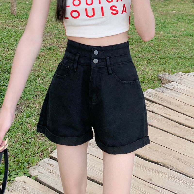 黑色遮肉牛仔短褲女2023夏季新款辣妹高腰顯瘦寬鬆a字熱褲子潮ins