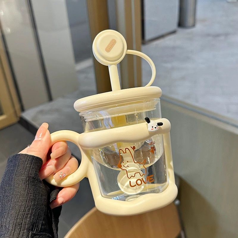 玻璃杯女生夏季办公室水杯茶水分离咖啡耐高温带吸管搅拌泡茶杯子