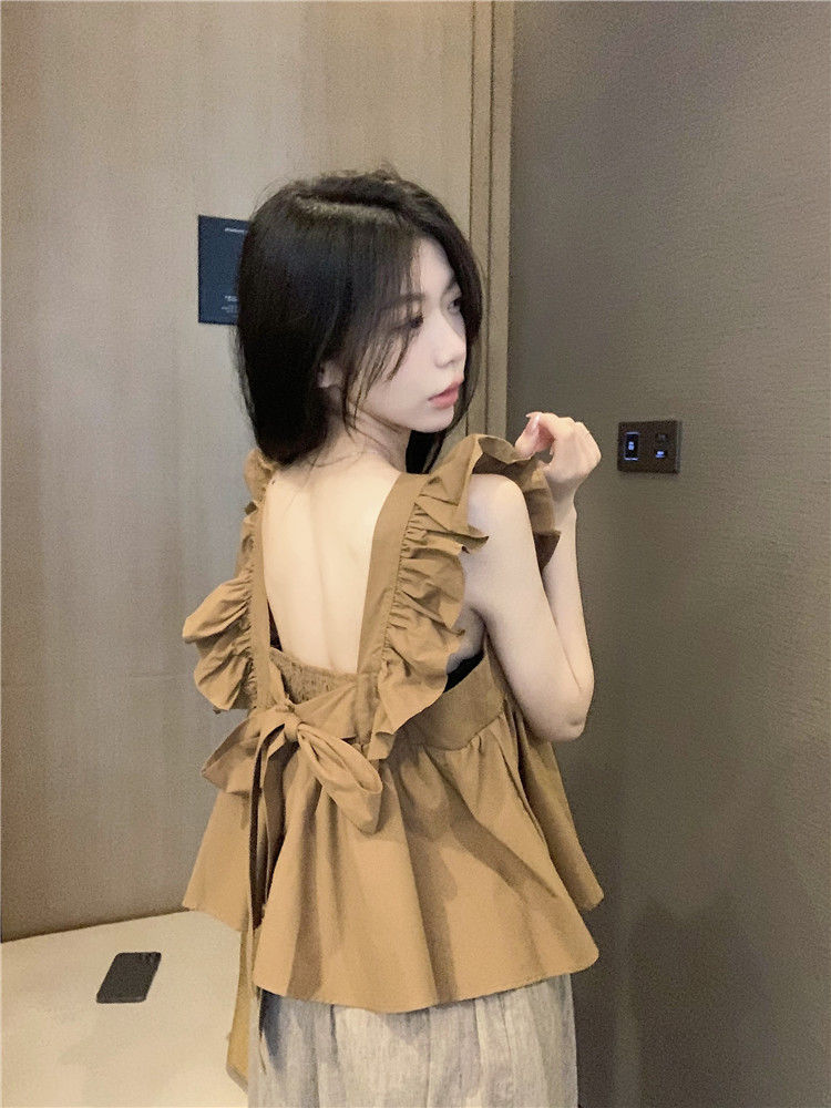 甜美清新飛飛袖背心蝴蝶結綁帶襯衫女2023夏季新款設計感百搭上衣