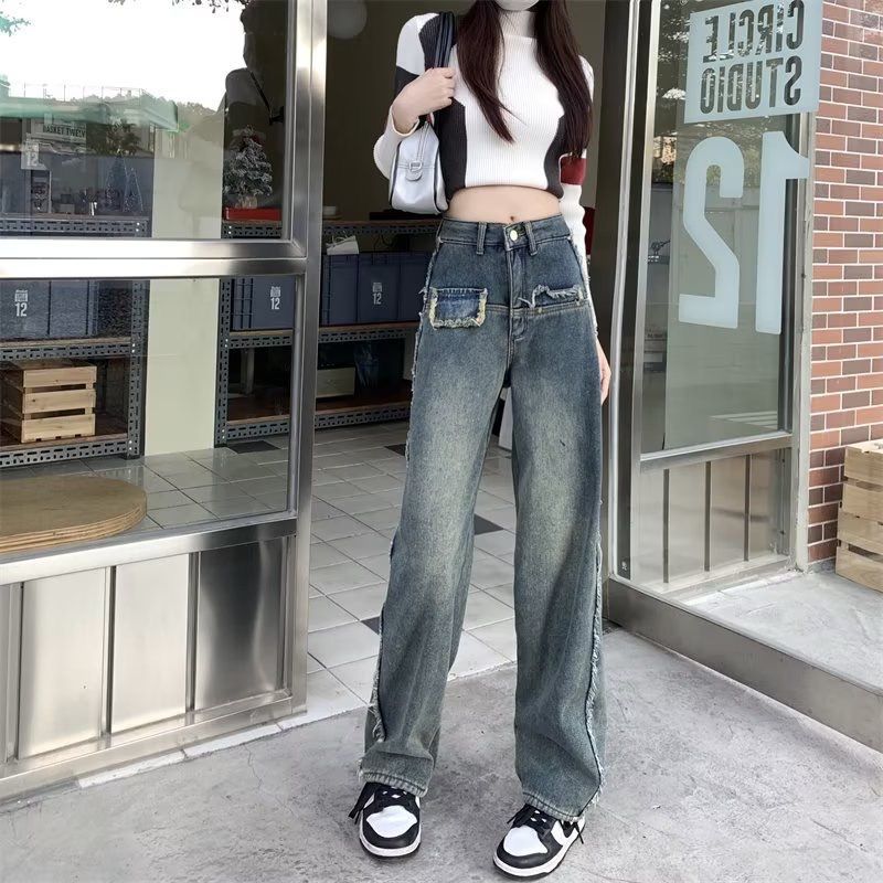 American retro jeans trousers for women spring and autumn  new loose slimming age-reducing straight wide-leg floor-length pants