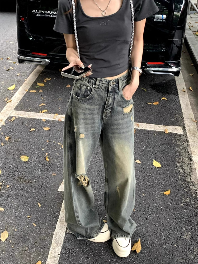 不規則毛邊破洞牛仔褲女夏季美式復古高腰直筒闊腿寬鬆顯瘦褲子潮