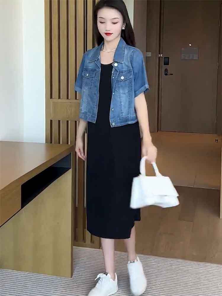 Lanhai Yinuo short-sleeved thin denim shirt suspender skirt suit women  summer new casual slim two-piece suit