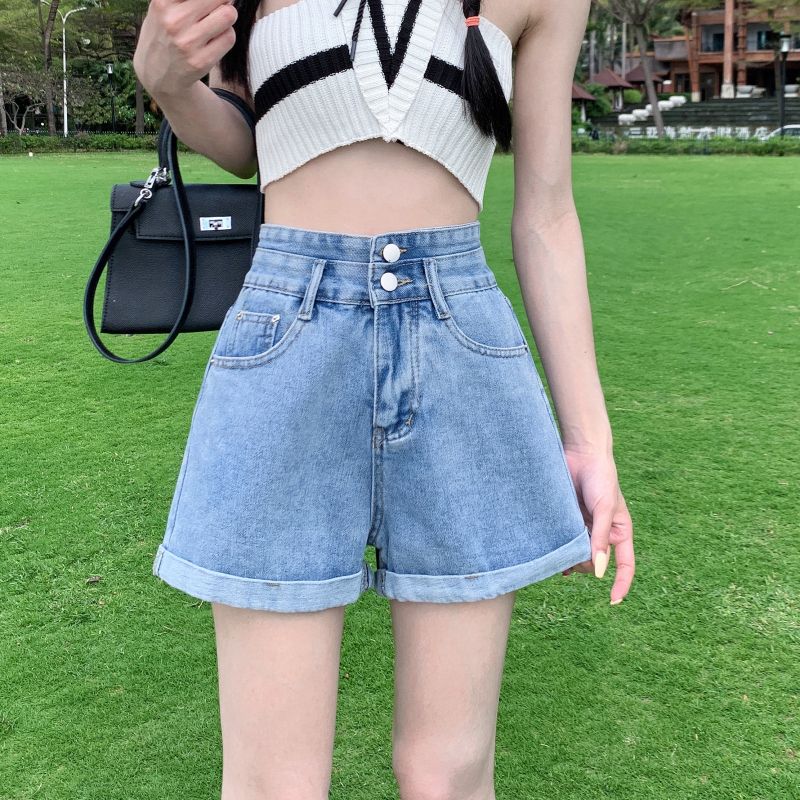 美式小個子短褲高街潮寬鬆闊腿a字熱褲卷邊高腰牛仔褲子女士夏季