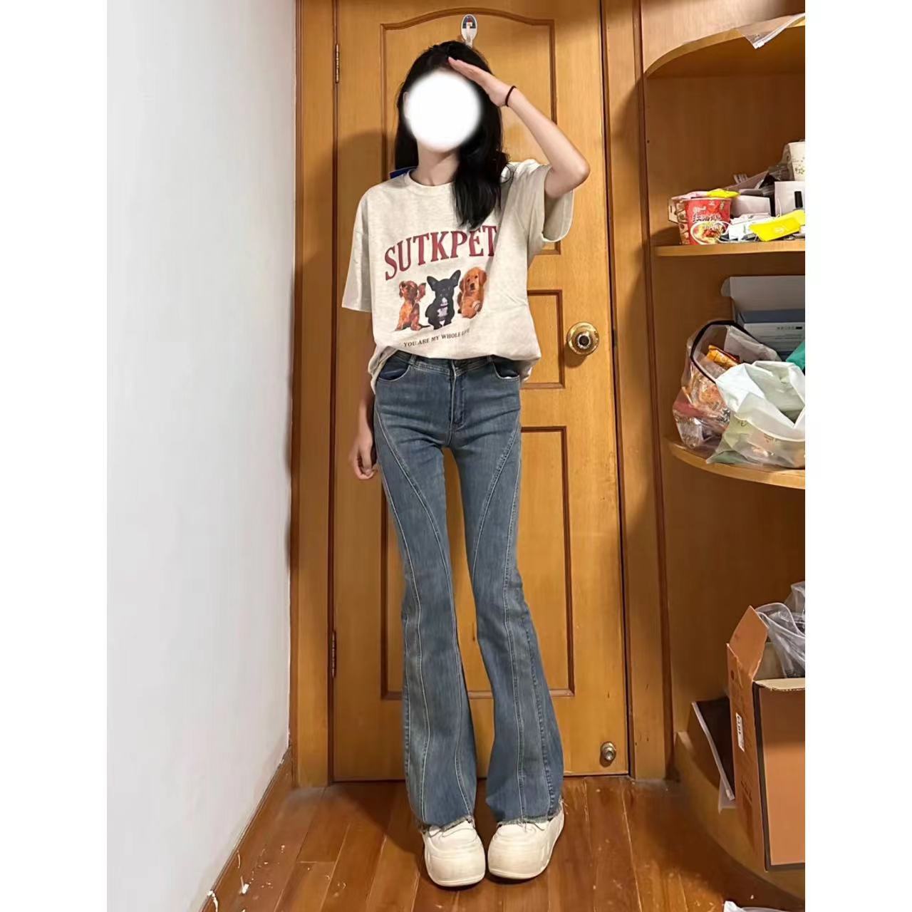復古藍色牛仔褲女彈力不規則毛邊修身顯瘦拖地長褲秋冬季美式馬蹄
