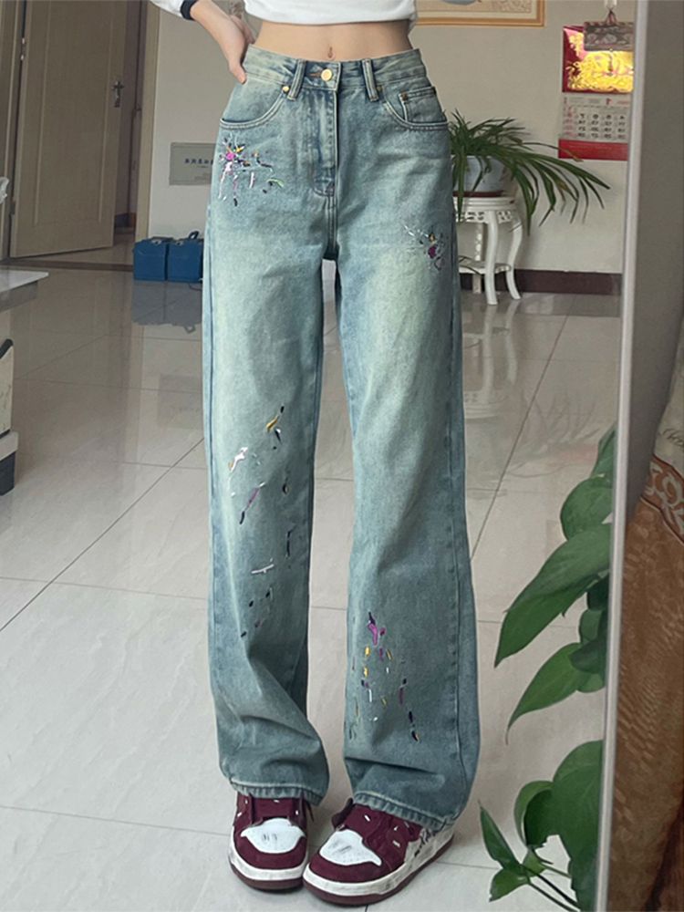 復古刺繡闊腿牛仔褲女秋季新款高腰寬鬆遮肉顯瘦百搭直筒拖地褲子