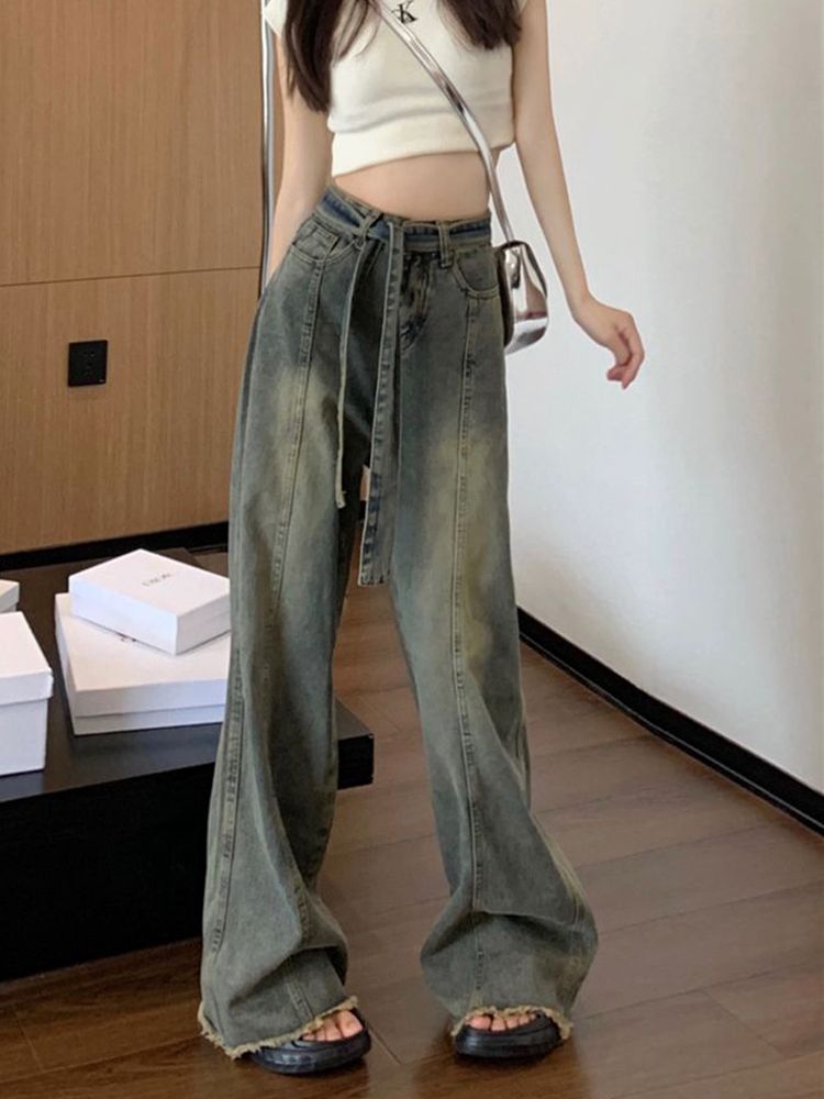 美式復古毛邊闊腿牛仔褲女秋季新款ins高腰寬鬆顯瘦直筒拖地褲子