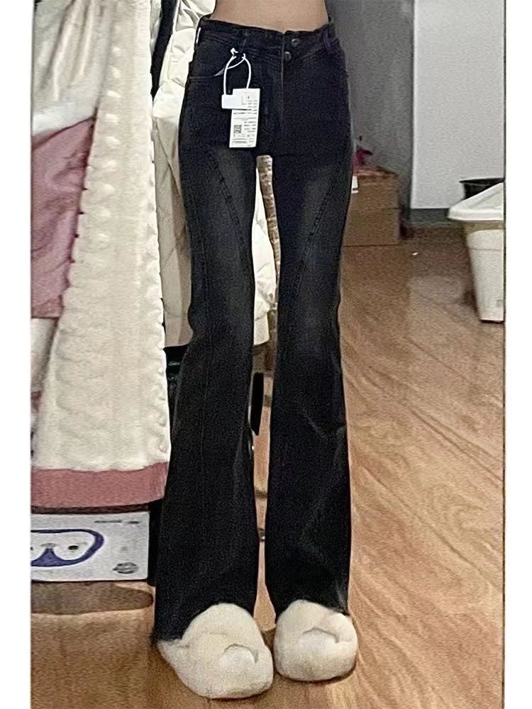 秋冬季黑灰色牛仔褲女修身顯瘦拖地長褲百搭彈力水洗不規則復古潮