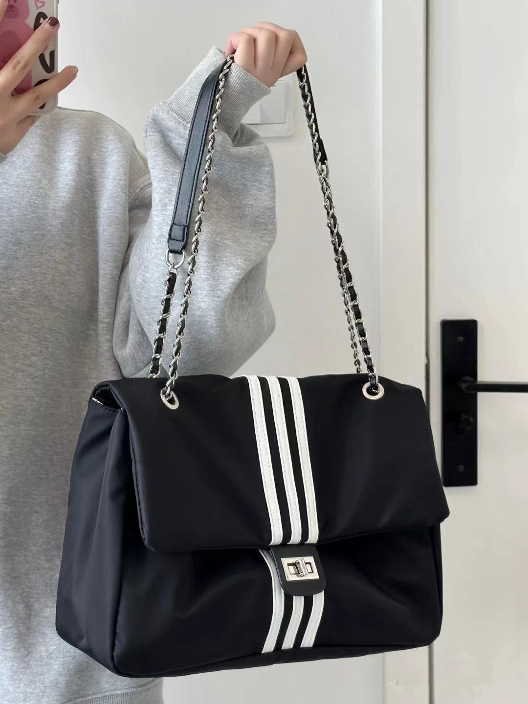 Casual canvas bag for women 2023 new style trendy chain tote bag small fragrance large capacity messenger bag hobo bag
