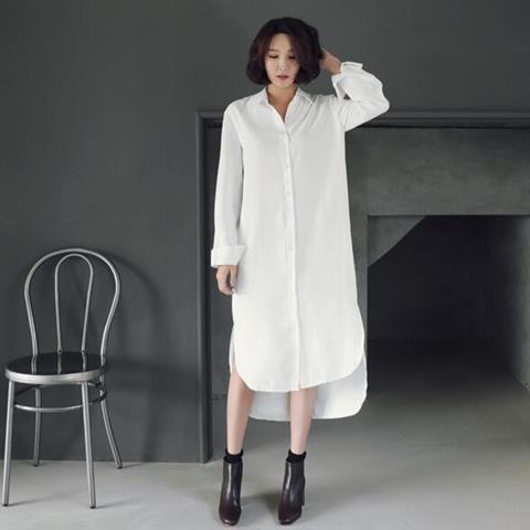 韓版白襯衫女2023秋裝新款長袖寬鬆學生大碼打底超長款純棉襯衣裙