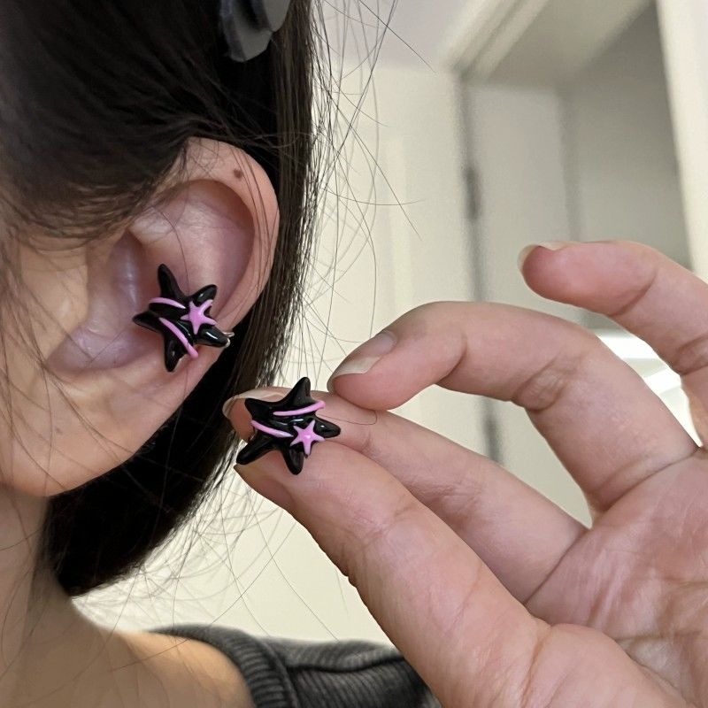 粉黑星星撞色耳骨夾無耳洞女簡約甜酷小眾耳夾精靈耳飾女