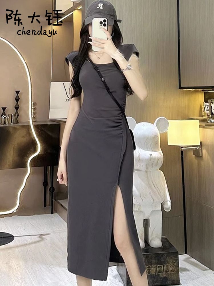 陳大鈺高端女裝2023新款輕奢中長裙別致修身顯瘦御姐風開叉連衣裙