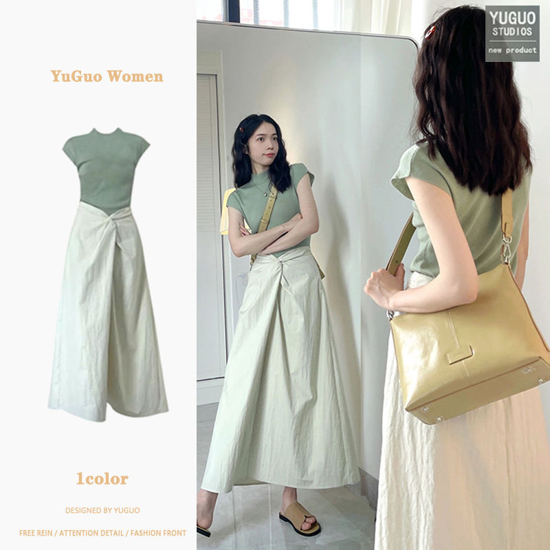 A complete set of outfits for women with small breasts. Summer high-end design twist flower bud A-line skirt two-piece suit