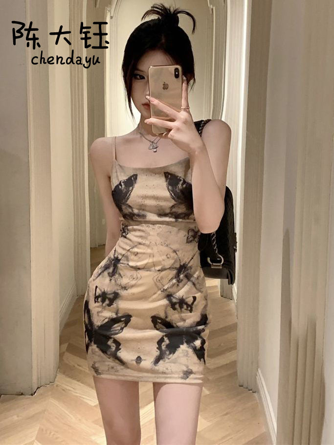 陳大鈺蝴蝶扎染高級感吊帶連衣裙純欲風辣妹抹胸短裙韓版包臀長裙
