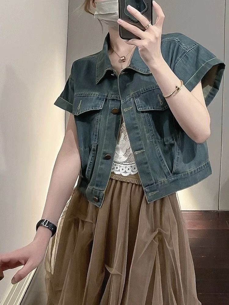 Summer new denim short jacket female Korean version Korean version short niche design sense loose shirt jacket