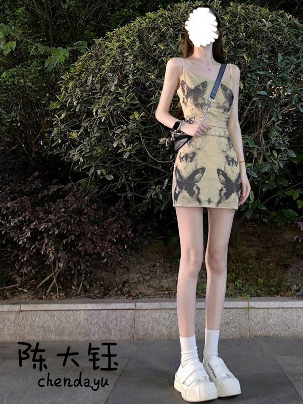 陳大鈺法式水墨印花純欲修身吊帶連衣裙女收腰顯瘦甜辣妹包臀短裙