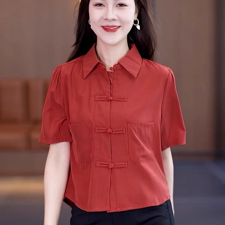 中國風夏季襯衫寬鬆純色百搭襯衣氣質半袖遮肚子盤扣上衣女士小衫