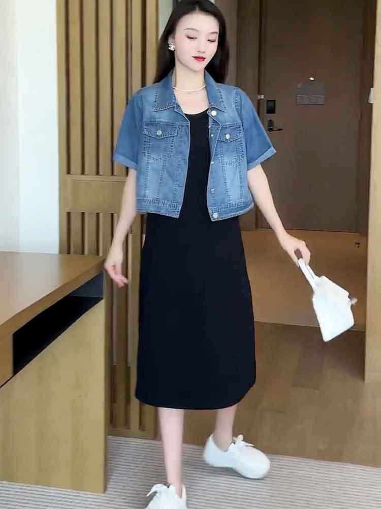 Lanhai Yinuo short-sleeved thin denim shirt suspender skirt suit women  summer new casual slim two-piece suit