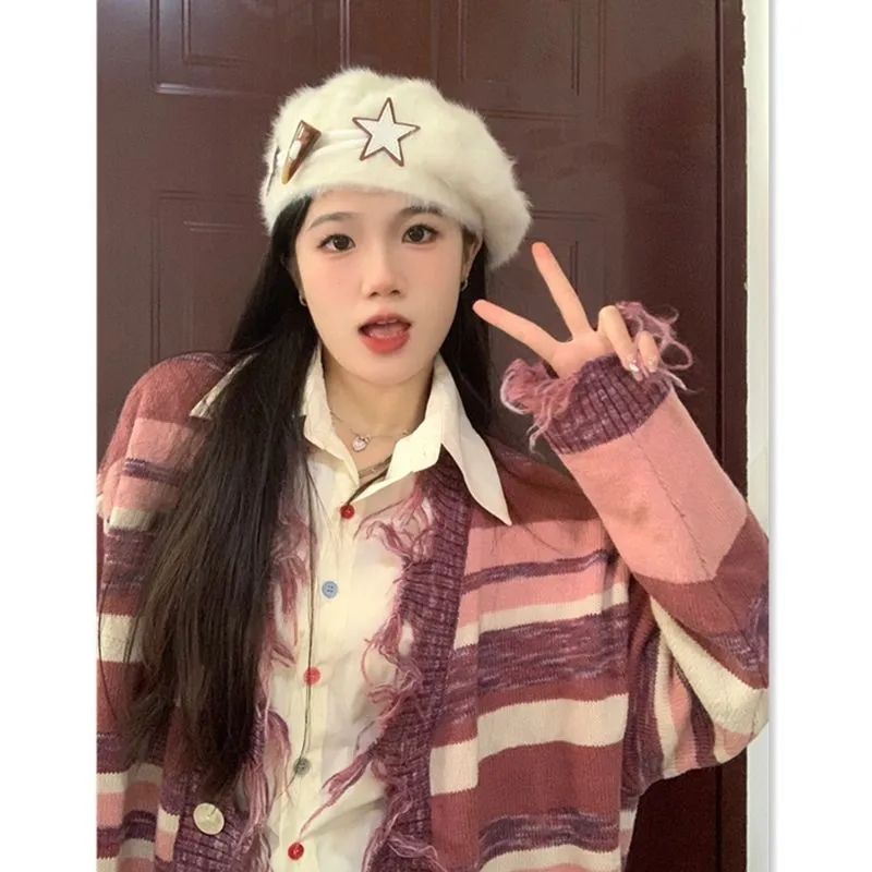 秋季設計感甜美洋氣條紋V領開衫毛衣女個性復古流蘇針織衫外套ins
