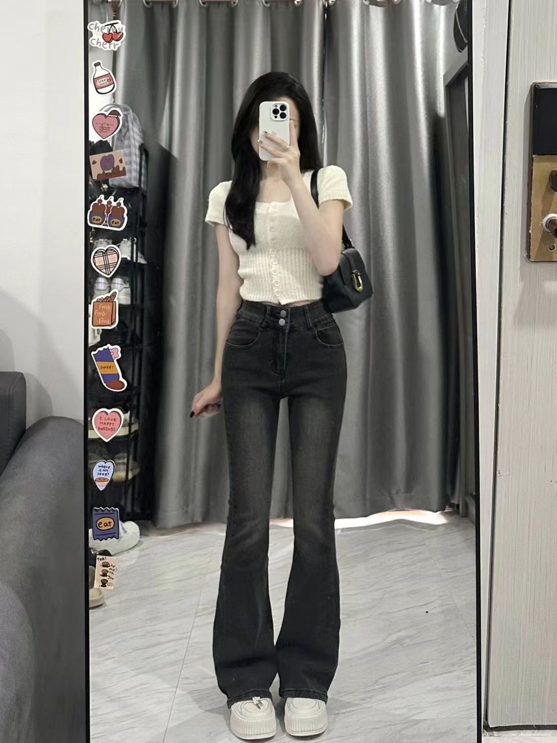 黑灰色微喇叭牛仔褲女毛邊雙紐扣拖地加長褲彈力修身顯瘦百搭馬蹄