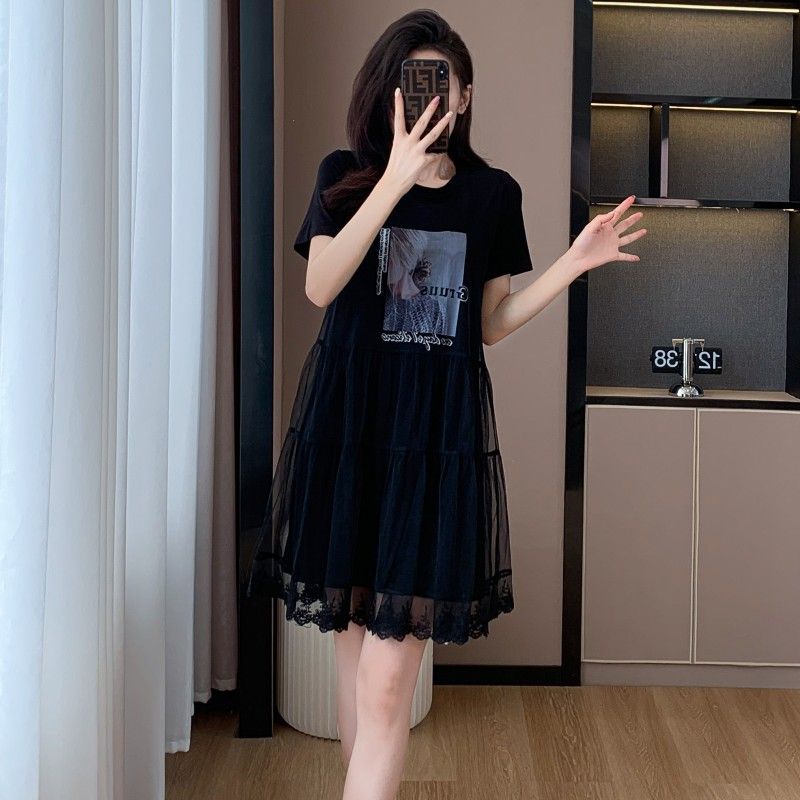 2023年夏季韩版印花T恤裙宽松遮肉显瘦减龄休闲网纱圆领连衣裙女