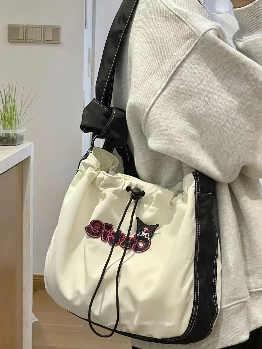 大容量休閒尼龍托特包包女2023新款撞色抽繩單肩包百搭通勤斜挎包