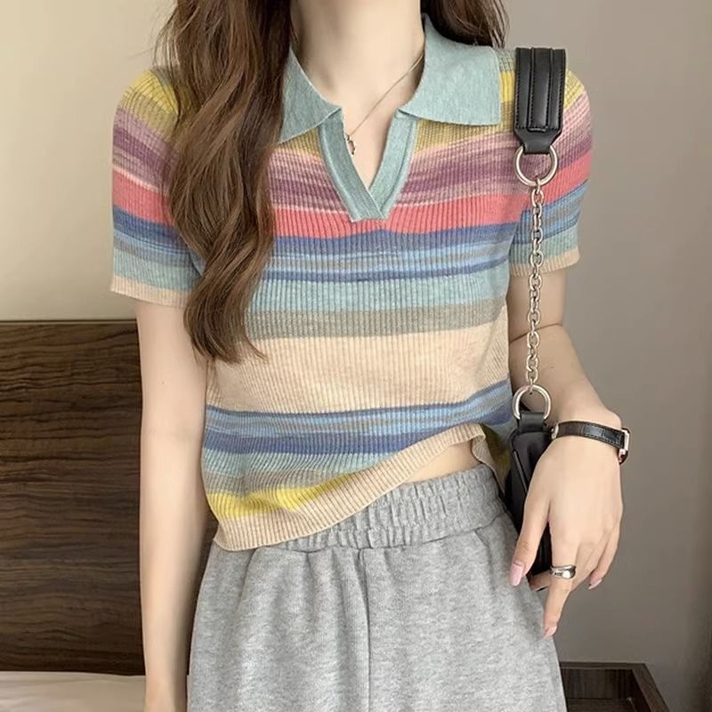 Rainbow striped ice silk sweater women's short style chic design sense polo collar short sleeves shoulder t-shirt top summer tide