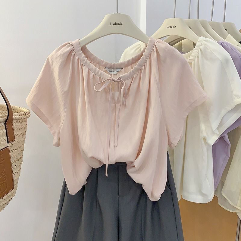 天絲連肩袖系帶娃娃衫女夏新款圓領套頭可愛寬鬆短袖襯衣