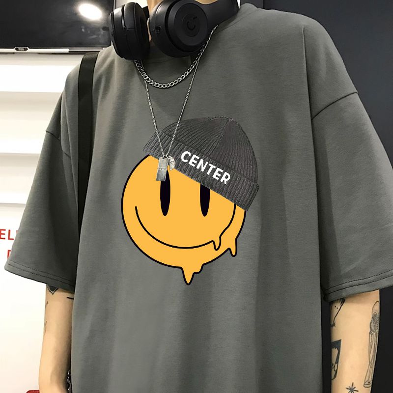 100%純棉深灰色短袖上衣男士美式ins潮流寬鬆inst恤男五分袖夏季