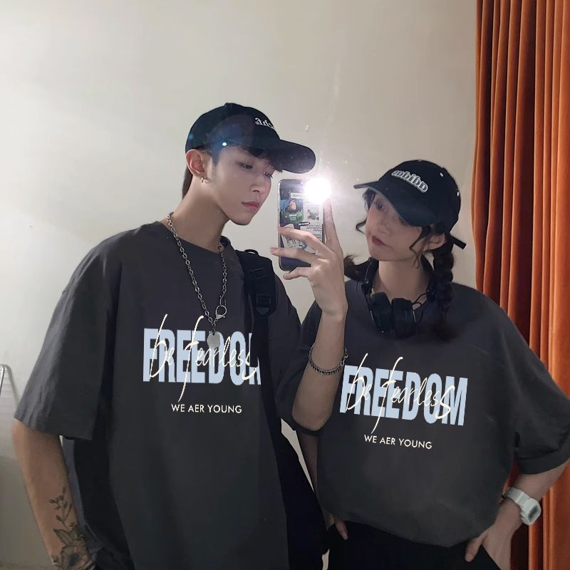 100%純棉美式復古印花短袖T恤男女夏情侶百搭休閒寬鬆半袖上衣服